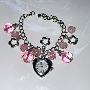 Y2K charm bracelet with pink & gold glass beads/ analog heart shaped clock watch